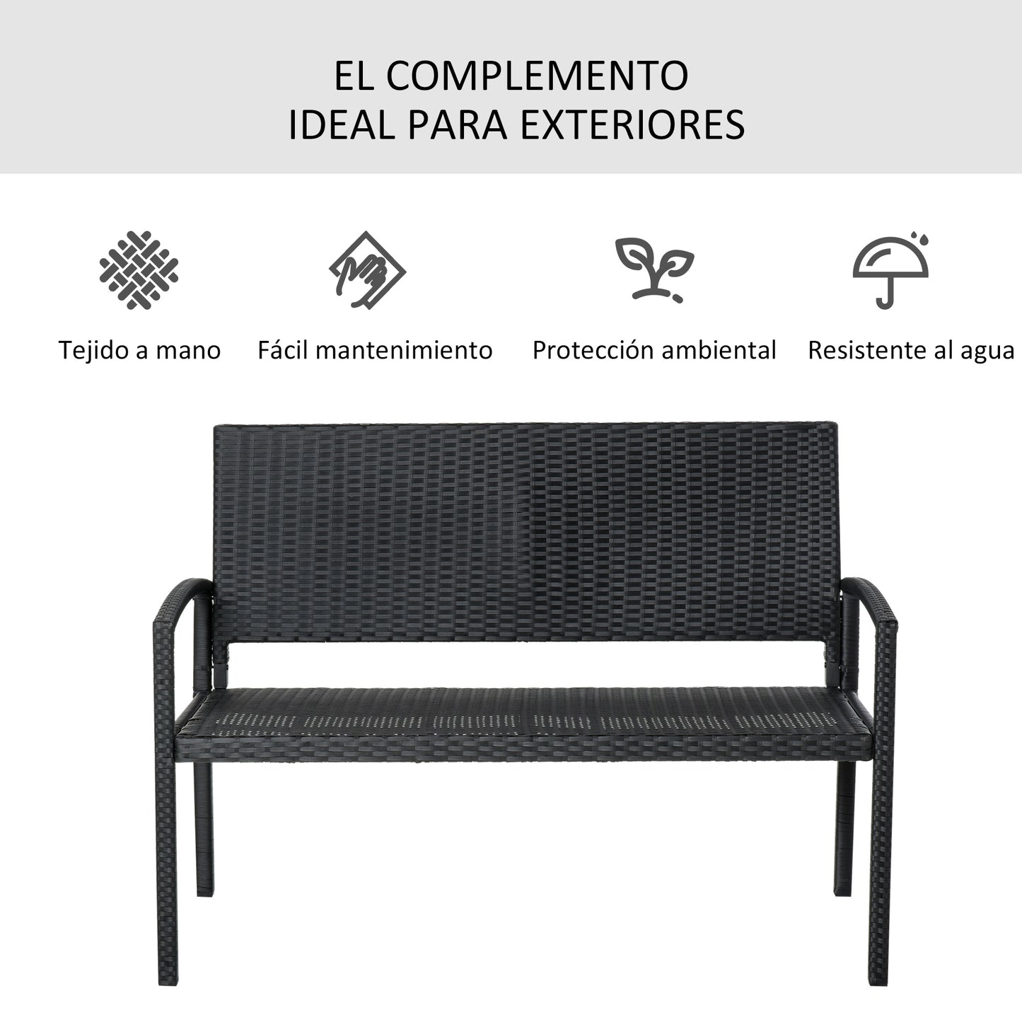 Outsunny Banco de jardim 2 lugares Mobília de jardim ao ar livre Terraço 2 lugares Rattan sintético Carga 320kg 122x60x85 cm Estrutura de aço