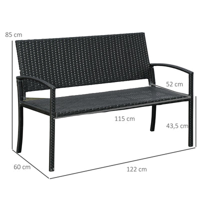 Outsunny Banco de jardim 2 lugares Mobília de jardim ao ar livre Terraço 2 lugares Rattan sintético Carga 320kg 122x60x85 cm Estrutura de aço