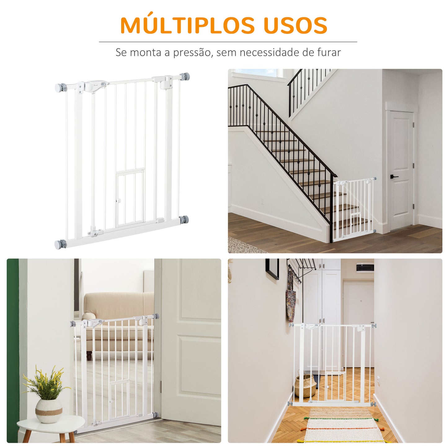 PawHut Barreira de Segurança para Cães Animais de Estimação 74-80cm para Escadas Portas e Corredor com Porta com Fechamento Automático e Sistema de Duplo Bloqueio Altura 76,2cm Branco