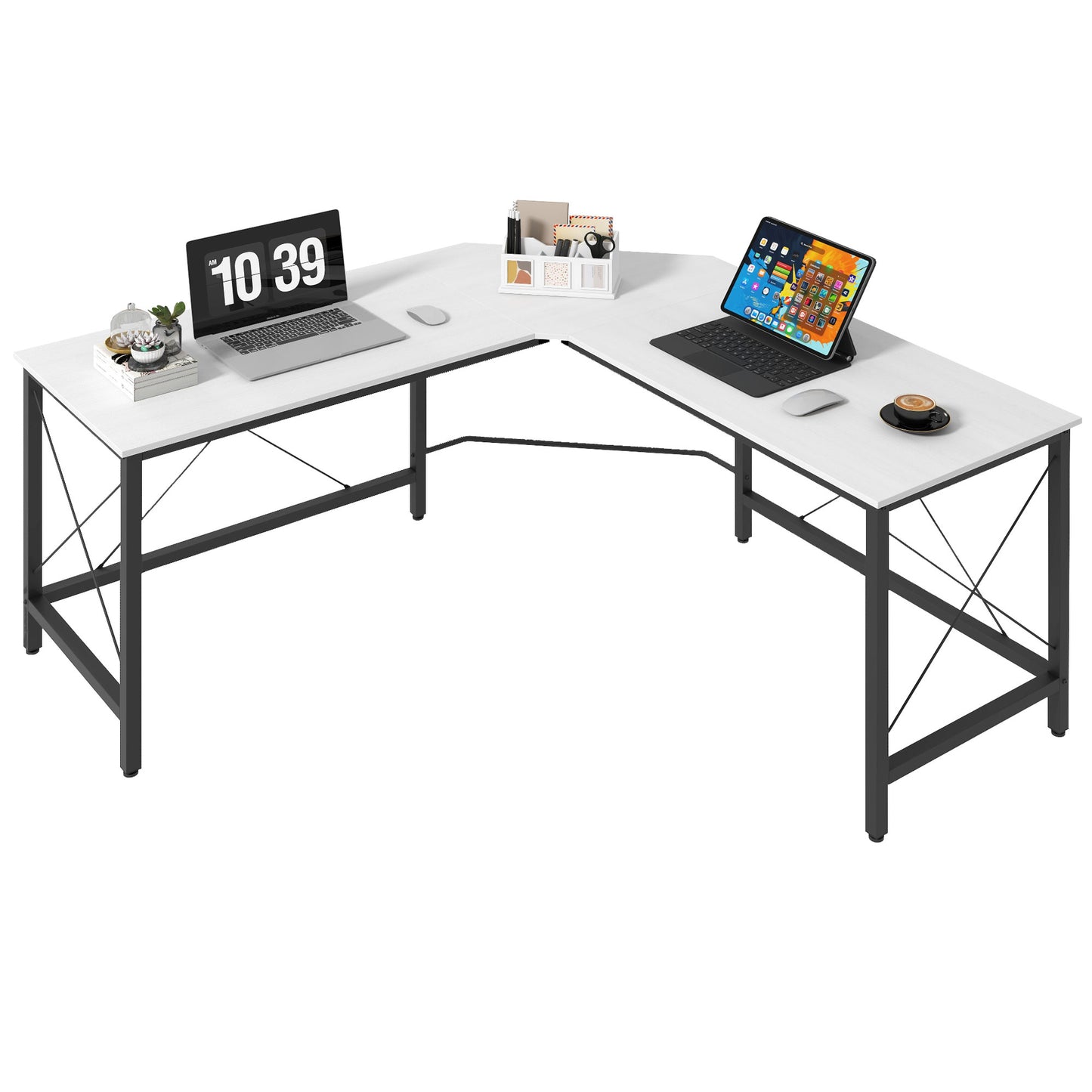 HOMCOM Secretária em Forma de L Secretária para Escritório com Estrutura de Metal Carga 70 kg Secretária de Canto para Escritório Estúdio 150x150x76 cm Branco e Preto