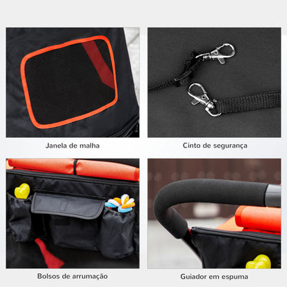 PawHut Carrinho para Cães Dobrável Carrinho para Animais de Estimação com Janelas de Malha Cinto de Segurança e Bolsos de Armazenamento Carga Máxima 40 kg 112x65x100 cm Vermelho