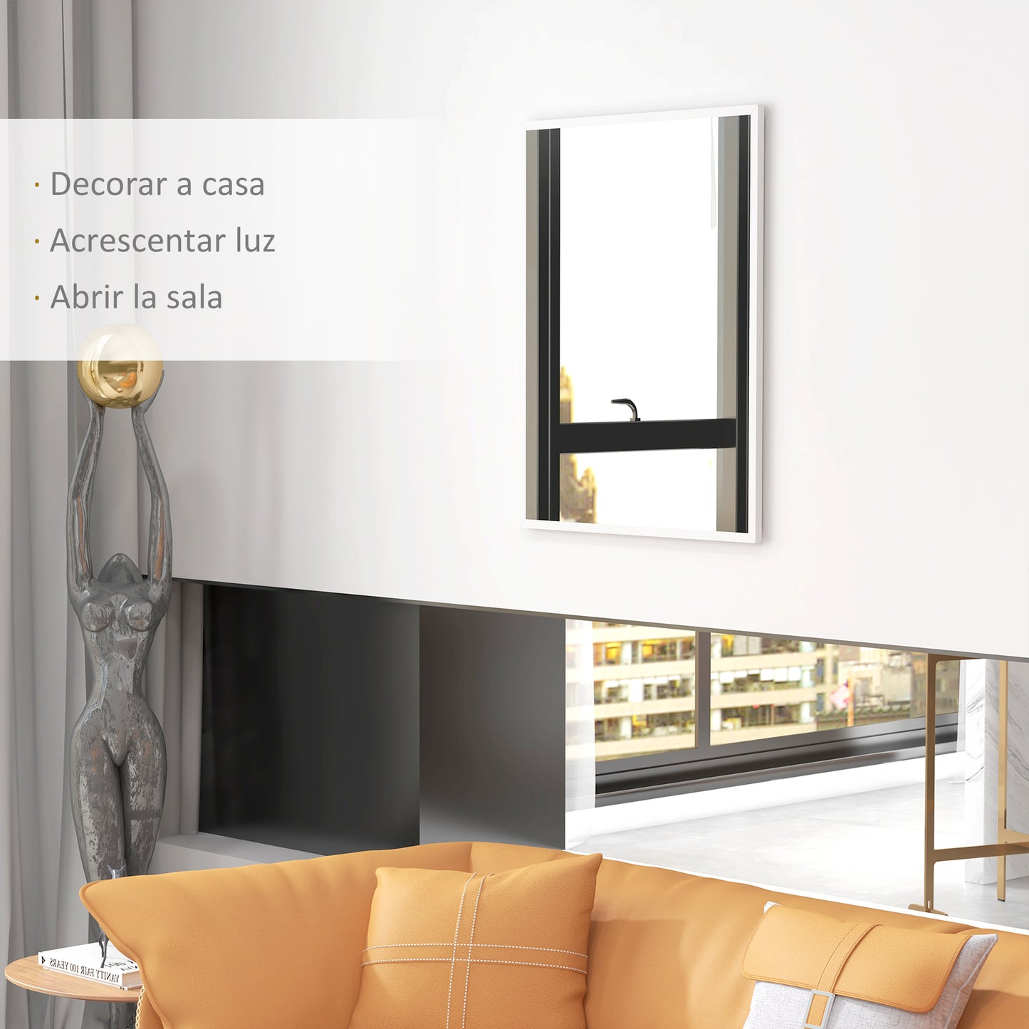 HOMCOM Espelho de Parede Decorativo 70x90 cm Espelho Retangular Espelho de Casa de Banho com 4 Ganchos Metálicos Estilo Moderno para Sala Quarto Entrada Branco