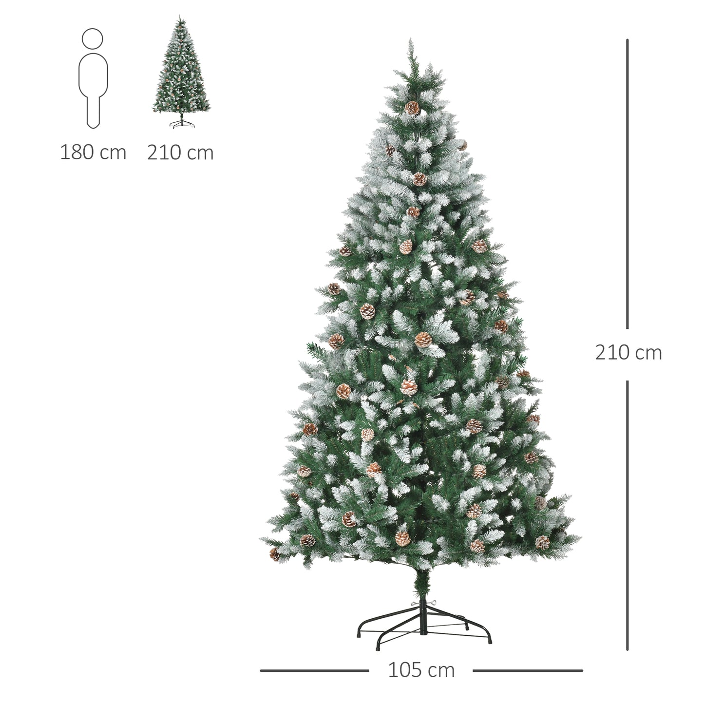 HOMCOM Árvore de Natal Artificial Ø105x210cm com 1440 Pontas de PVC e 75 Pinhas Base Dobrável e Suporte de Aço Decoração de Natal para Interiores Verde