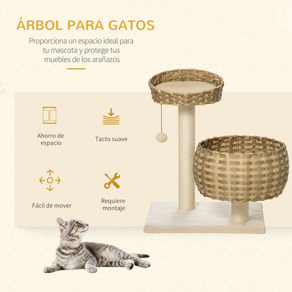 PawHut Árvore para Gatos Médios com Cama Superior Cesto de Vime Sintético com Almofadas Postes Arranhadores de Sisal Natural e Bola Suspensa de Brinquedo 54x40x70cm Bege