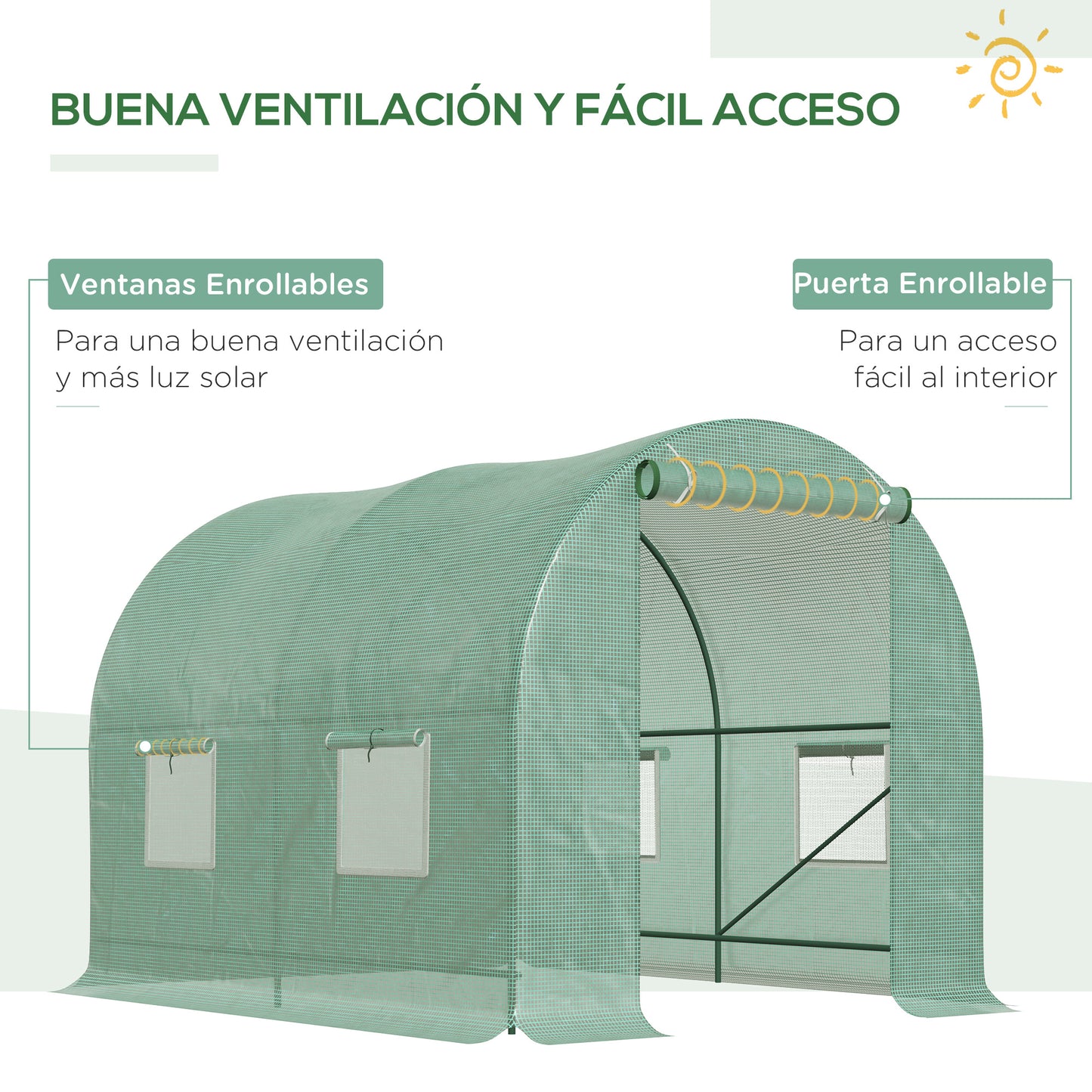 Outsunny Cobertura de Estufa tipo Túnel 247x200x200cm Cobertura de Substituição para Estufa de Polietileno com 4 Janelas e Porta Enrolável Proteção de Plantas para Jardim Verde