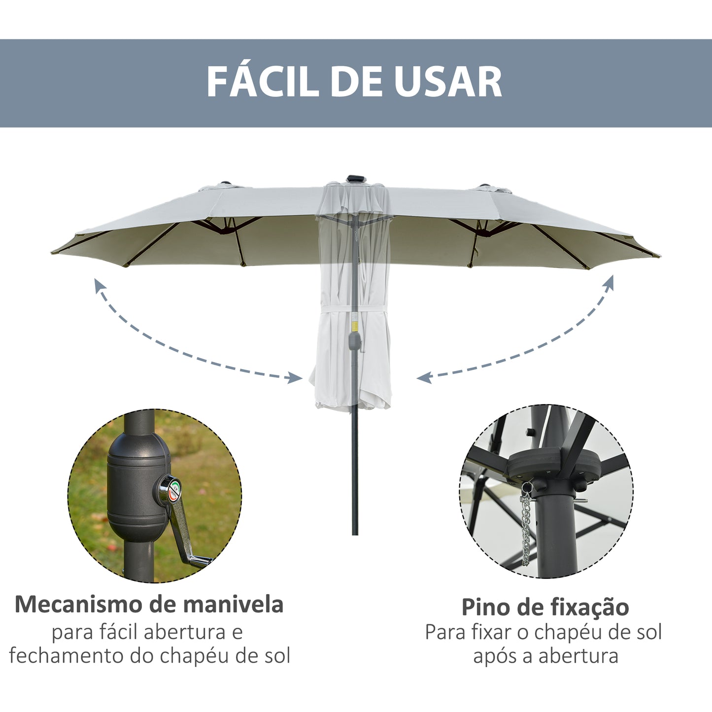 Outsunny Chapéu de Sol Duplo de Jardim com 48 Luzes LED Solar 450x265x240cm Chapéu de Sol de Exterior com Manivela Proteção Solar para Terraço Balcão Piscina Cinza Claro