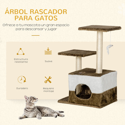 PawHut Árvore Arranhadora para Gatos Altura 70cm com Caverna de Pelúcia Suave 2 Plataformas Postes Arranhadores de Sisal Natural e Brinquedo Suspenso 45x33x70cm Marrom