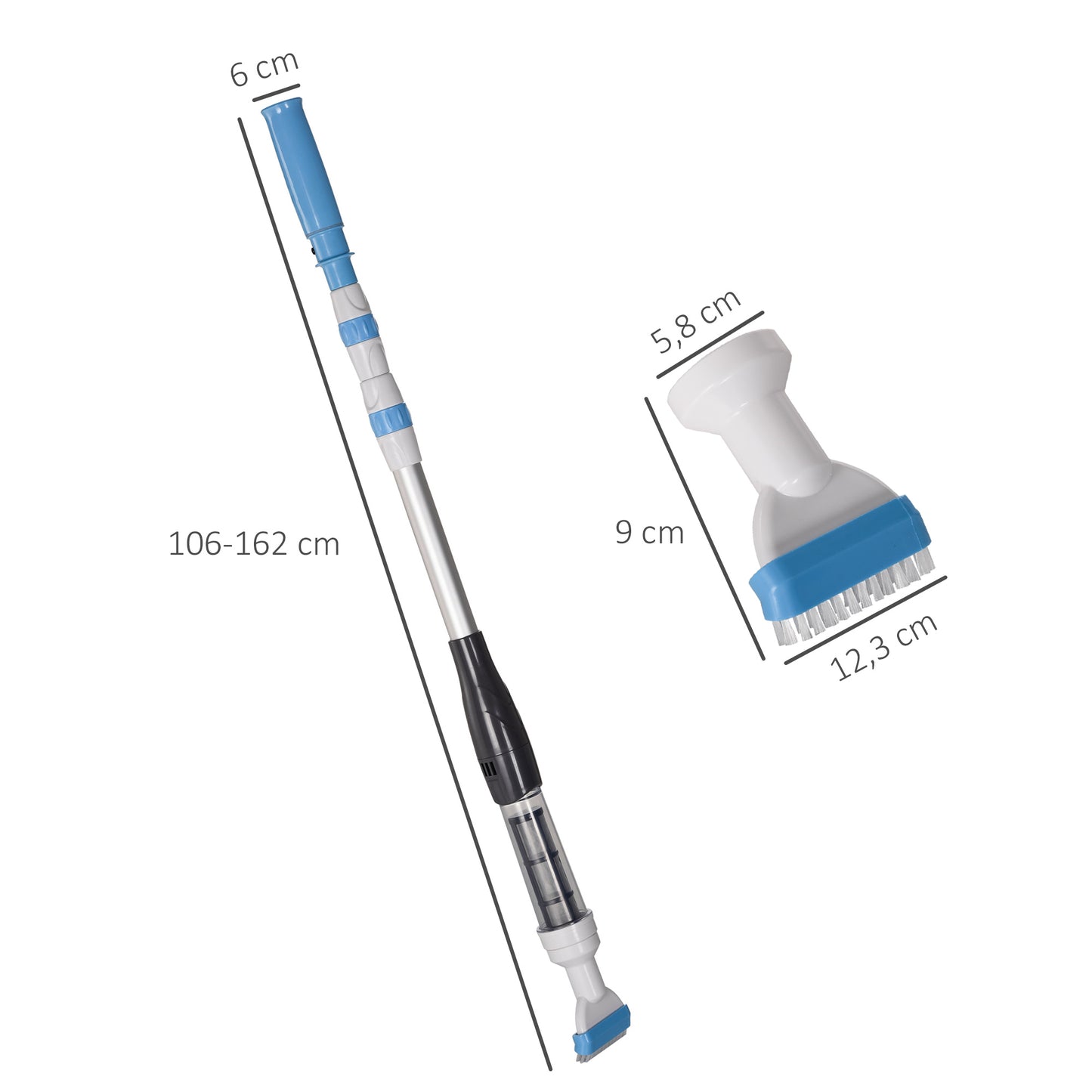 Outsunny Limpador Elétrico para Piscinas de Alumínio Aspirador de Piscina Manual com Escova e Poste Telescópico de 3 Sessões Ø6x162 cm Multicor