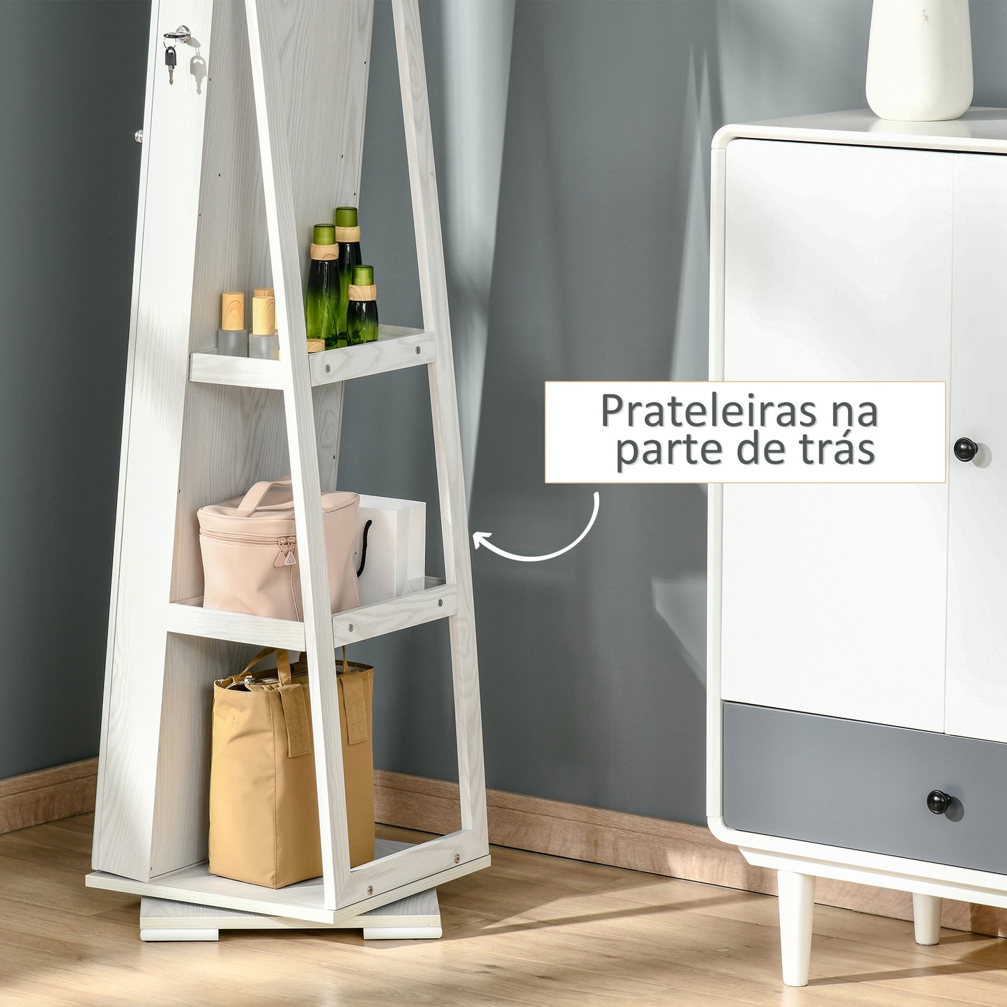 HOMCOM Joalheiro de Pé Armário para Jóias 360° Organizador de Jóias com Fechadura e Espelho Incorporado Carga Máxima 20 kg 38x38x160 cm Branco