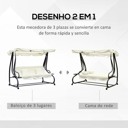 Outsunny Banco Baloiço Jardim 3 Lugares Convertível em Cama com Teto Ajustável e Bandeja para Bebidas para Varanda Jardim Exterior Carga Máxima 340 kg 200x120x164 cm Bege