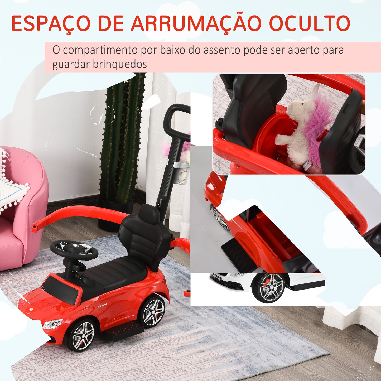 HOMCOM Carro Andador para Bebé Mercedes AMG C63 Carro Andador para Crianças de 1 a 3 Anos com Barreira de Segurança Buzina Assento de Armazenamento e Suporte para Garrafas Carga 25 kg 84x40x83 cm Vermelho