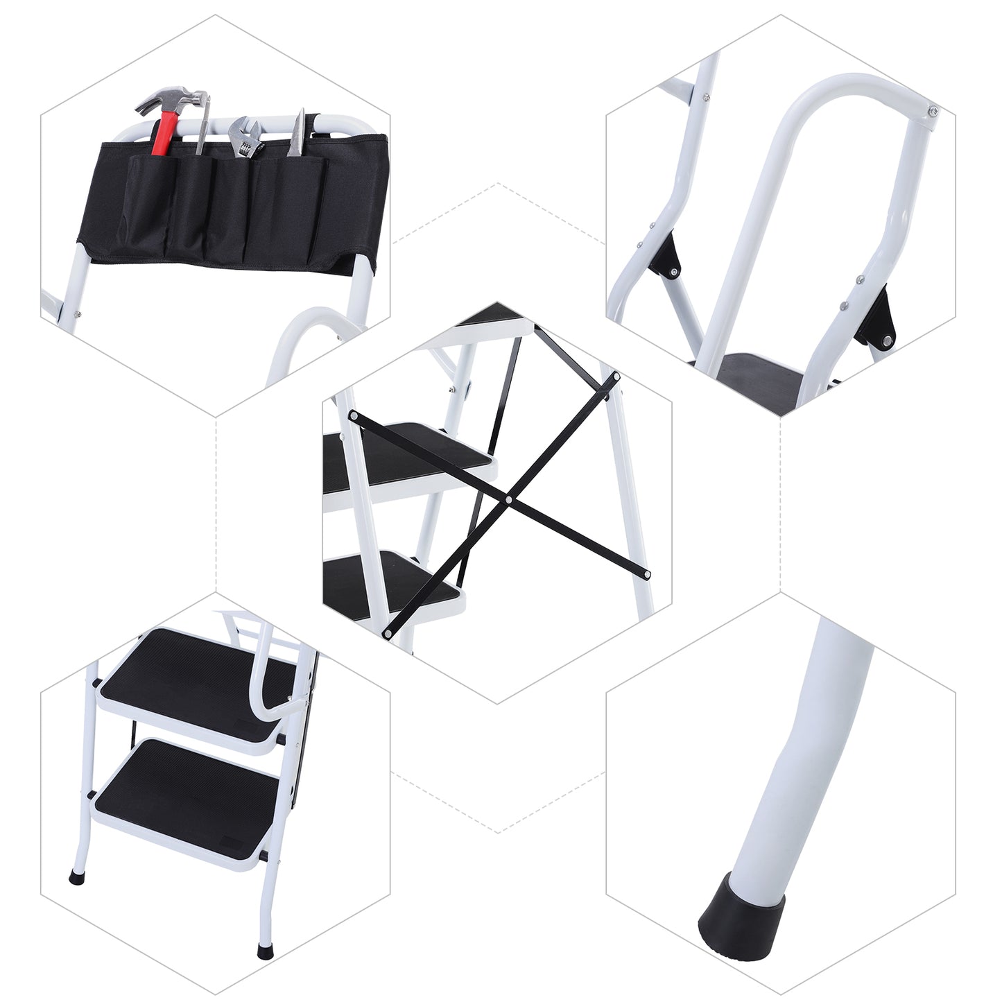 HOMCOM Escada Dobrável com 4 Degraus Escada de Metal com Apoio para os Braços e Suporte para Ferramentas Carga Máxima 150 kg 50x83x155 cm Branco e Preto