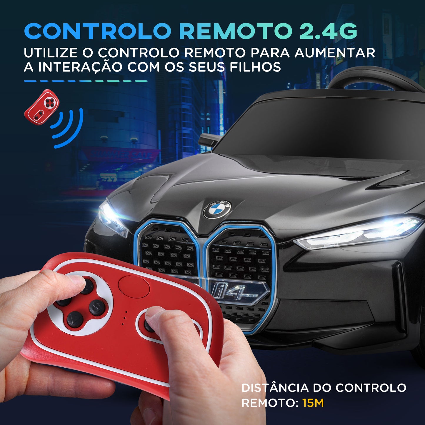 HOMCOM Carro Elétrico para Crianças 37-72 Meses com Licença BMW i4 Carro a Bateria 12V com Controlo Remoto Música MP3 Ecrã Luzes e Cinto de Segurança 115x67x45 cm Preto