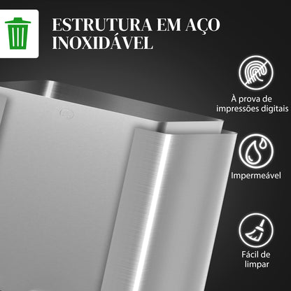 HOMCOM Balde de Lixo de Cozinha com 2 Compartimentos 2x15L Cubo de Lixo de Aço Inoxidável com Pedal Tampa de Fechamento Suave e Cubo Amovível para Escritório Cozinha Prata