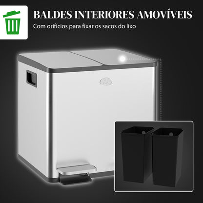 HOMCOM Balde de Lixo de Cozinha com 2 Compartimentos 2x15L Cubo de Lixo de Aço Inoxidável com Pedal Tampa de Fechamento Suave e Cubo Amovível para Escritório Cozinha Prata