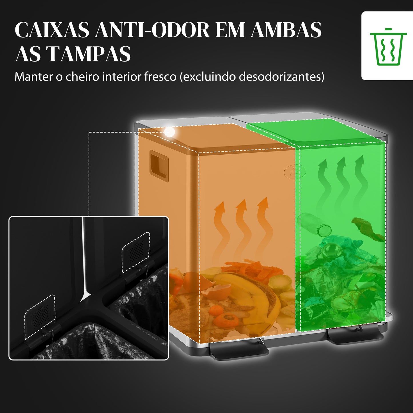 HOMCOM Balde de Lixo de Cozinha com 2 Compartimentos 2x15L Cubo de Lixo de Aço Inoxidável com Pedal Tampa de Fechamento Suave e Cubo Amovível para Escritório Cozinha Prata