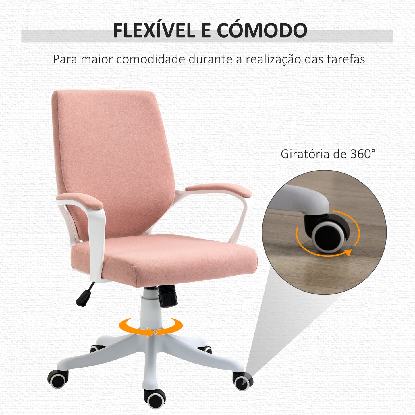 Vinsetto Cadeira de Escritório Giratória Cadeira de Escritório Ergonómica com Altura Ajustável Apoio para os Braços Acolchoado e Suporte Lombar Carga Máxima 120 kg 62x69x92-100 cm Rosa