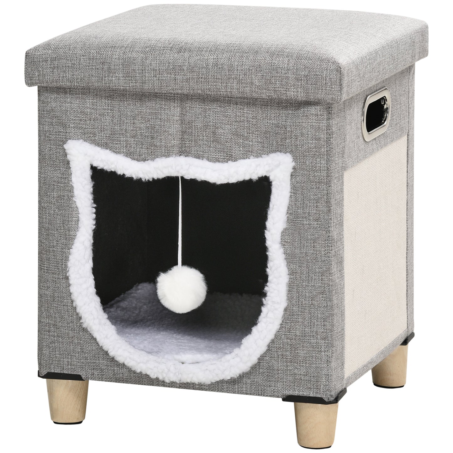 PawHut Cama Caverna para Gatos 2 em 1 Casa para Gatos Interior Tipo Apoio para os Pés com Almofada Amovível Bola Suspensa e Almofada para Arranhar 35,5x35,5x42,5 cm Cinza