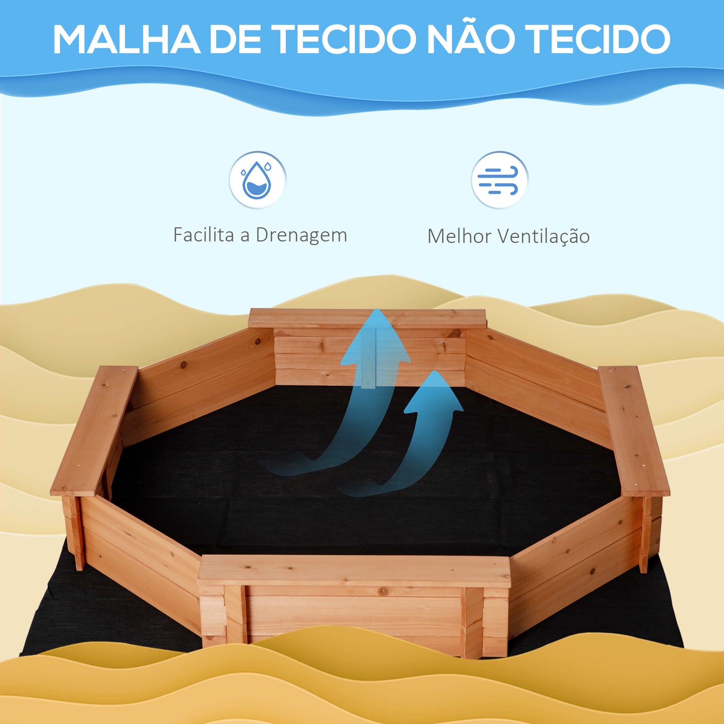 Outsunny Caixa de Areia de Madeira para Crianças Caixa de Areia Infantil Octógono com Cobertura de Poliéster e Tecido não Tecido para Crianças de 3-8 anos para Jardim 139,5x139,5x21,5 cm Vermelho e Azul