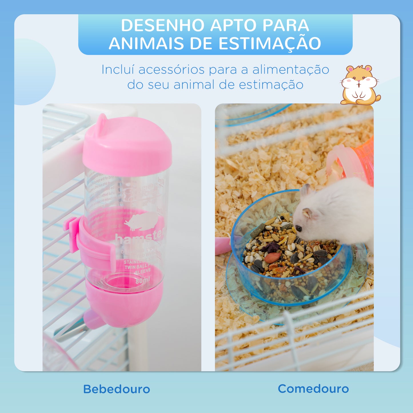 PawHut Gaiola para Hamster com Túnel Gaiola para Roedores com 3 Portas Plataformas Bandeja Comedouro Bebedouro Casa 3 Rampas e Roda de Exercícios 47x29,5x76 cm Branco