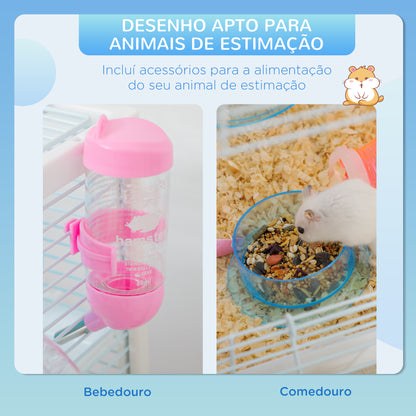 PawHut Gaiola para Hamster com Túnel Gaiola para Roedores com 3 Portas Plataformas Bandeja Comedouro Bebedouro Casa 3 Rampas e Roda de Exercícios 47x29,5x76 cm Branco