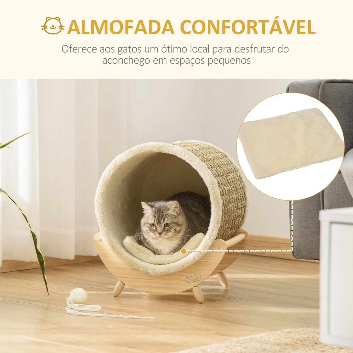 PawHut Cama Elevada para Gatos Caverna para Animais de Estimação Aparência de Barril com Superfície de Corda de Algas para Arranhar Almofada e 4 Pés de Madeira 41x38x43cm Madeira