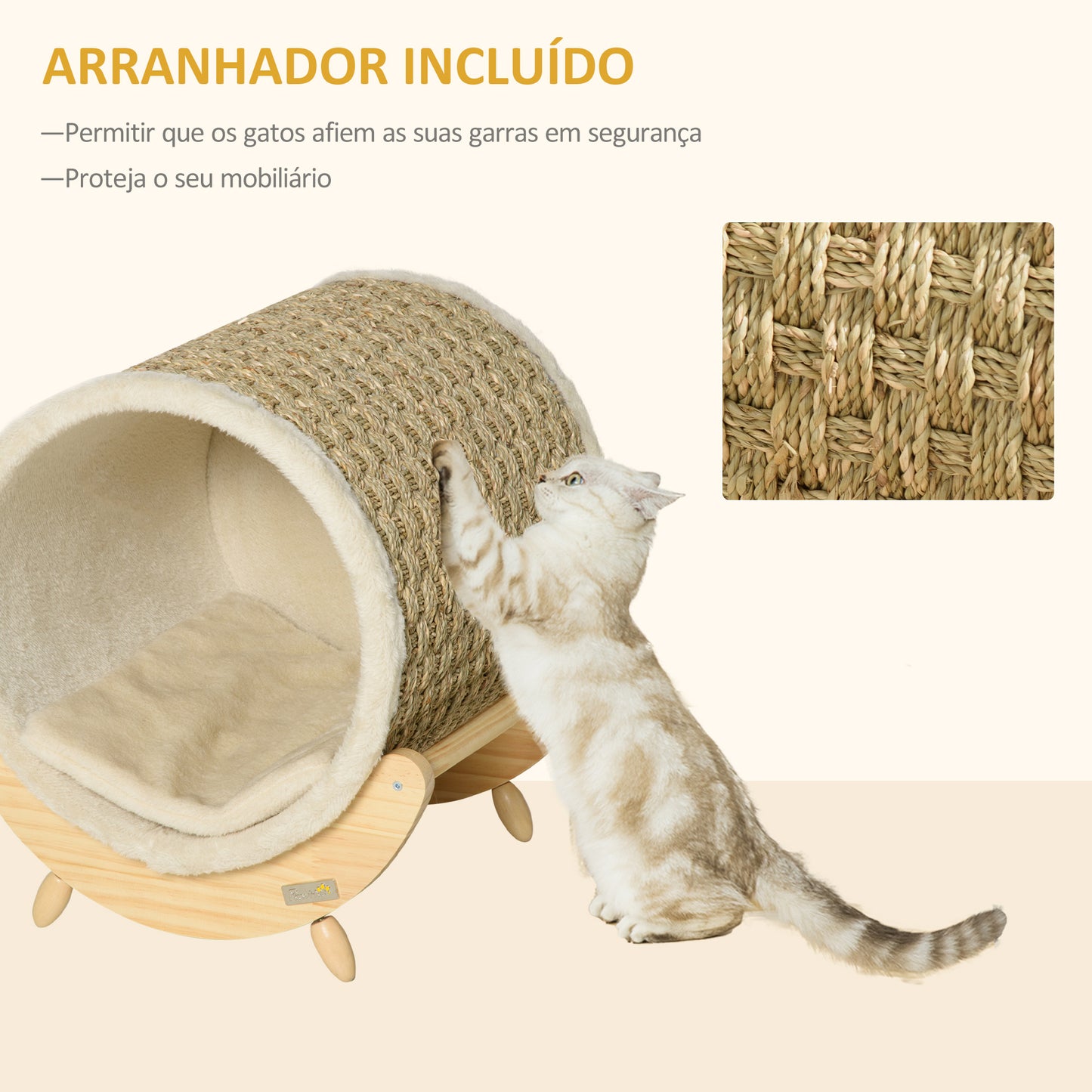 PawHut Cama Elevada para Gatos Caverna para Animais de Estimação Aparência de Barril com Superfície de Corda de Algas para Arranhar Almofada e 4 Pés de Madeira 41x38x43cm Madeira