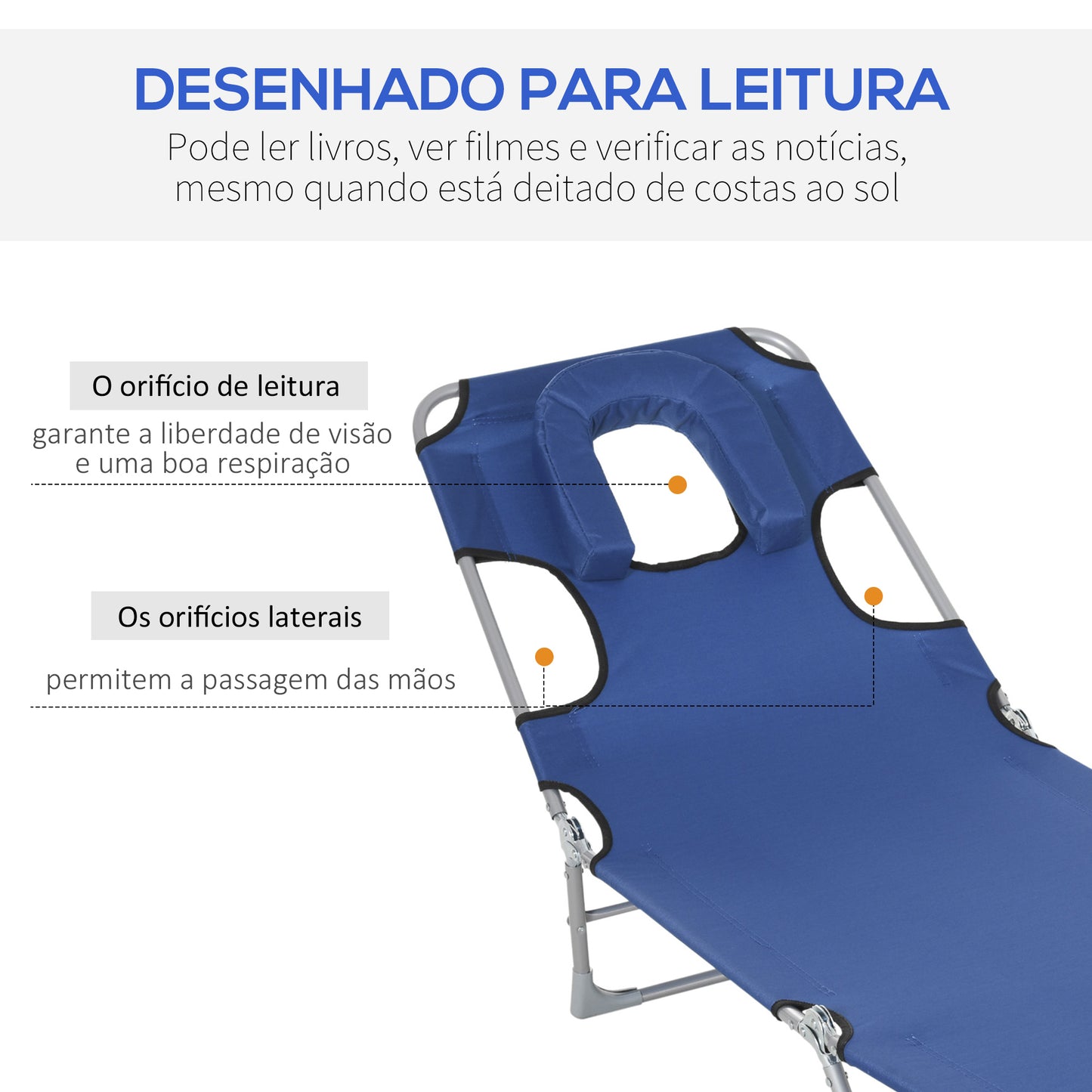 Espreguiçadeira de Jardim Reclinável e Dobrável com Orifício de Leitura Apoio para Cabeça e Encosto Ajustável em 4 Níveis para Praia 182x56x24,5 cm Azul