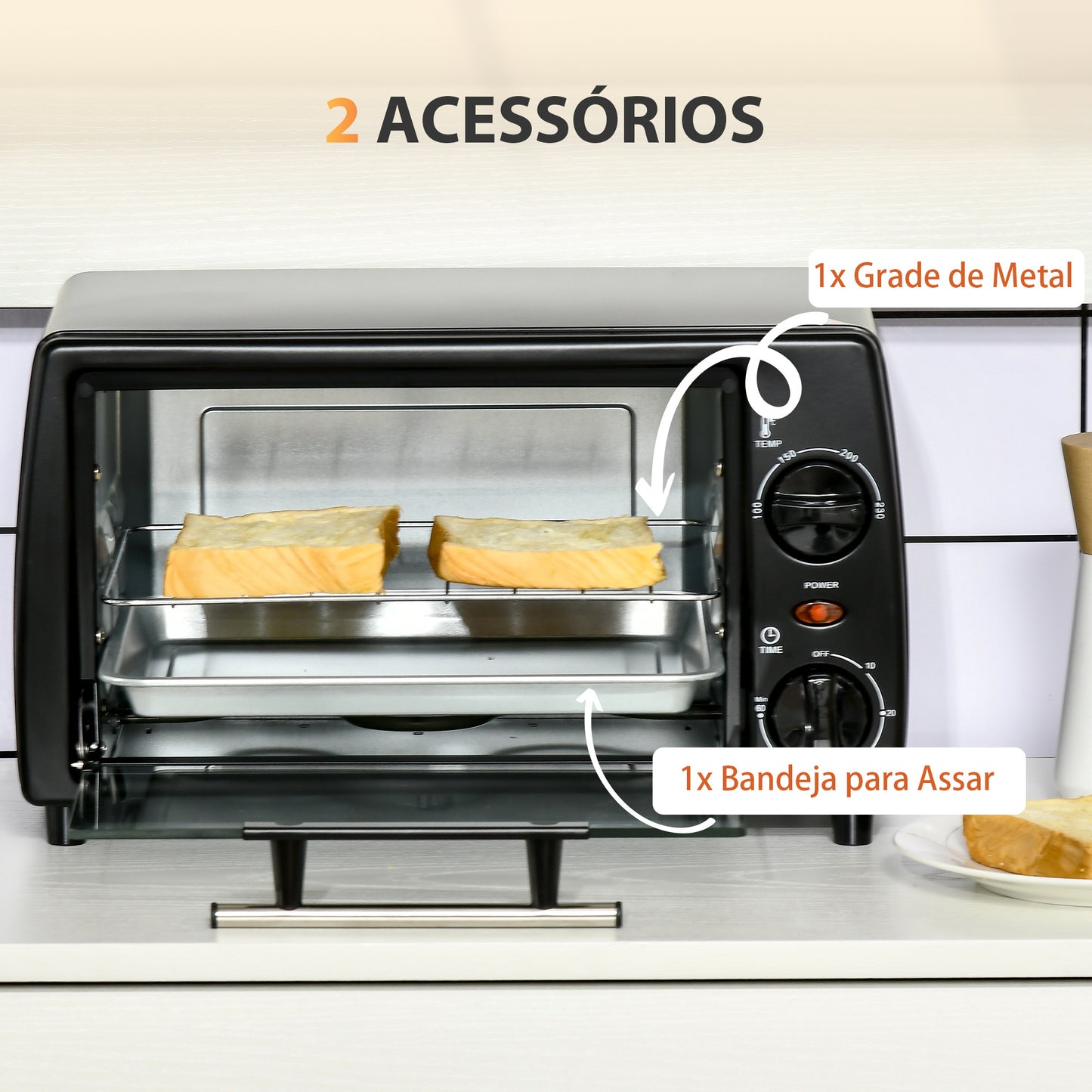 Mini Forno Elétrico 10 Litros 750W com Temperatura até 230 °C Temporizador 60 Minutos Bandeja e Grade 36,5x26x22cm Preto