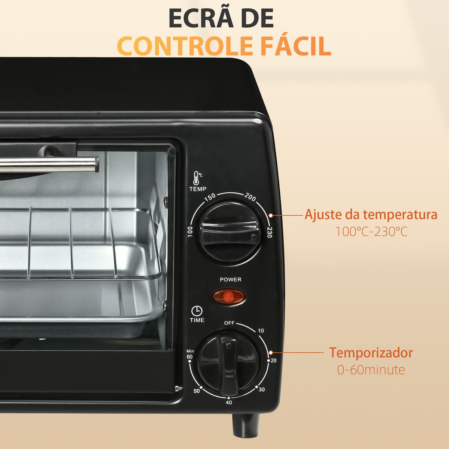 Mini Forno Elétrico 10 Litros 750W com Temperatura até 230 °C Temporizador 60 Minutos Bandeja e Grade 36,5x26x22cm Preto