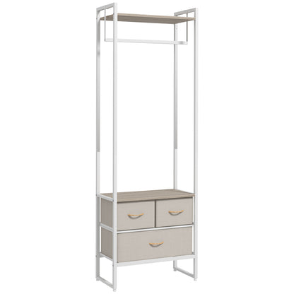 HOMCOM Suporte para Cabides com 3 Gavetas de Tecido Barra para Pendurar e Prateleira de Armazenamento para Entrada Quarto Sala 58,5x30x178 cm Natural