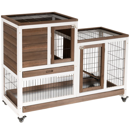 PawHut Coelheira de Madeira Interior com Rodas Gaiola para Coelhos Animais Pequenos de 2 Pisos com Área Aberta Rampa e 2 Bandejas Removíveis 110x50x86cm Marrom