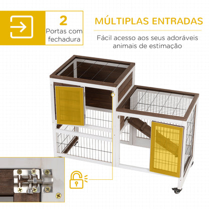 PawHut Coelheira de Madeira Interior com Rodas Gaiola para Coelhos Animais Pequenos de 2 Pisos com Área Aberta Rampa e 2 Bandejas Removíveis 110x50x86cm Marrom