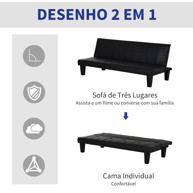 Sofá Cama Santarém em Couro Artificial - Preto - Design Moderno