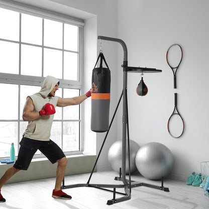 HOMCOM Saco de Boxe Suspenso com Suporte Bola de Velocidade Ajustável em Altura de 167-187cm e Inflador para Treinamento Fitness em Casa Ginásio 115x157x221 cm Preto e Cinza