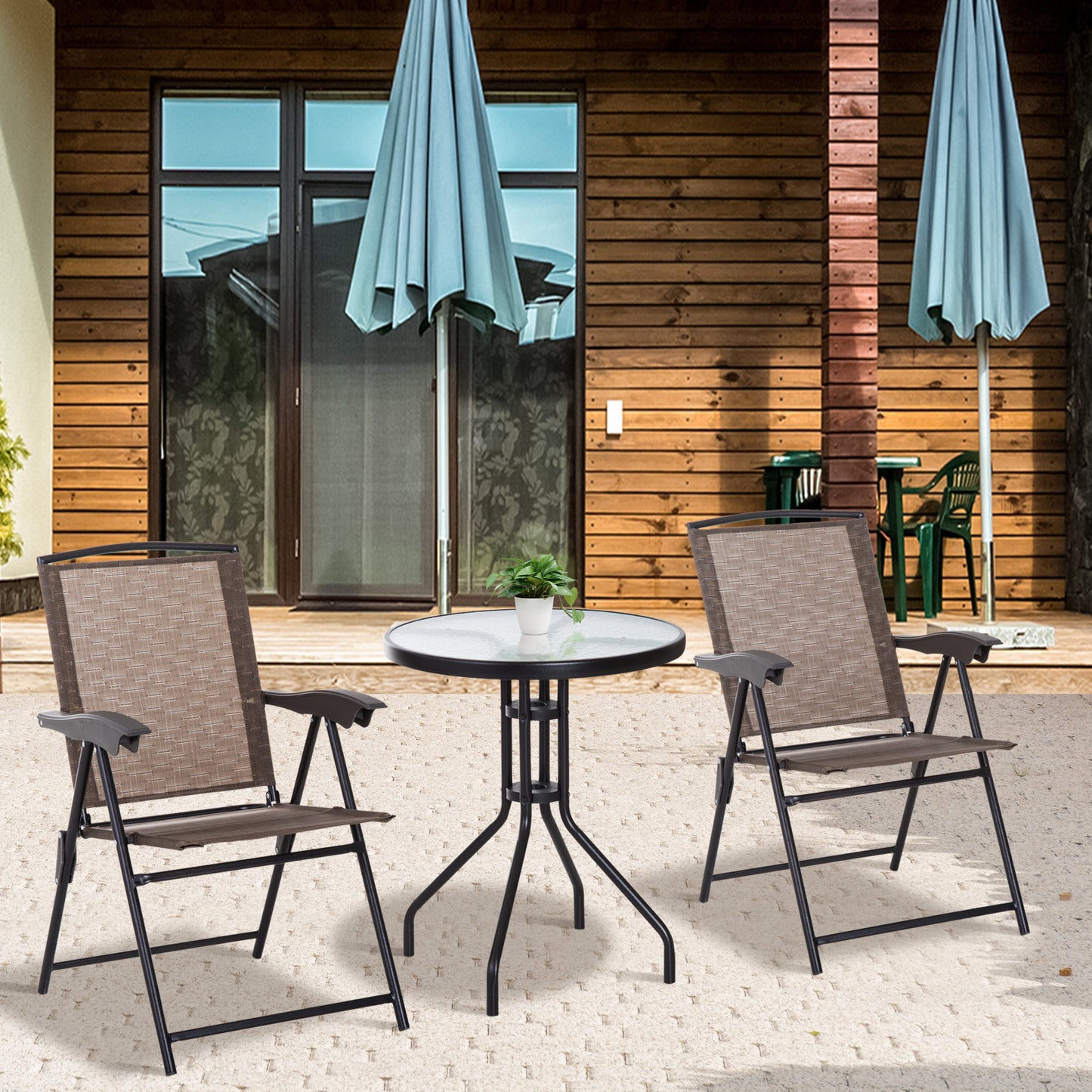 Outsunny Conjunto de Mesa e 2 Cadeiras Cadeira Dobrável Encosto Reclináveis a 4 Níveis Armação de Aço Marrom