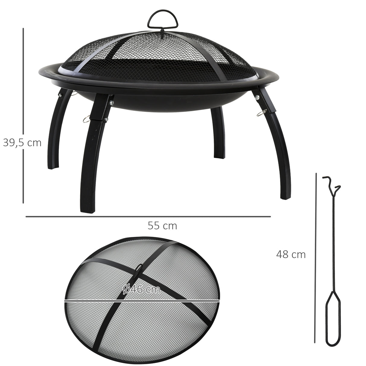 Outsunny Braseiro ao ar livre Ø56 cm Fogueira Portátil para aquecimento varanda churrasco jardim com cobertura de rede Preto