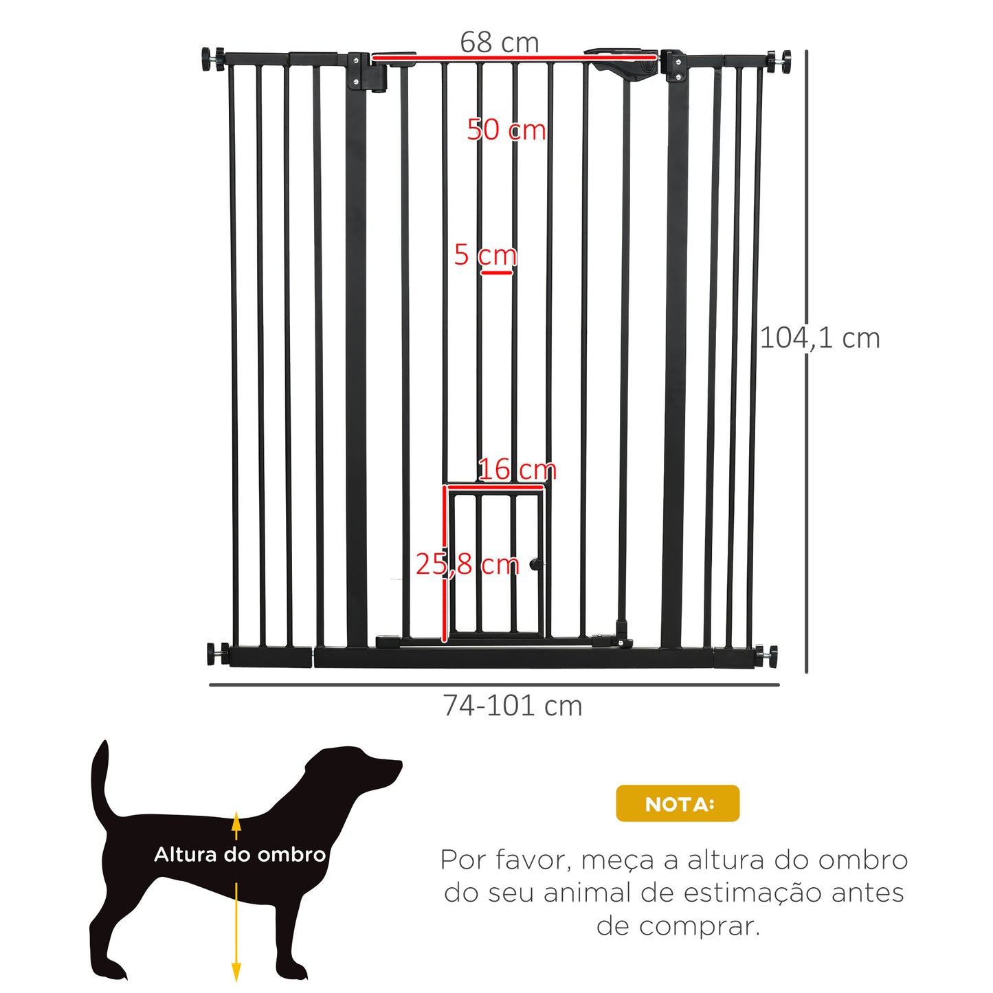 PawHut Barreira de Segurança para Cães com Porta Pequena Barreira para Animais de Estimação Extensível com Fechamento Automático e Sistema Duplo de Bloqueio 74-101x104,1 cm Preto