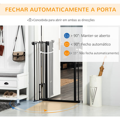 PawHut Barreira de Segurança para Cães com Porta Pequena Barreira para Animais de Estimação Extensível com Fechamento Automático e Sistema Duplo de Bloqueio 74-101x104,1 cm Preto