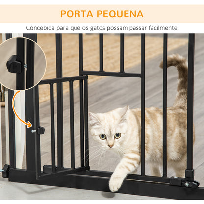 PawHut Barreira de Segurança para Cães com Porta Pequena Barreira para Animais de Estimação Extensível com Fechamento Automático e Sistema Duplo de Bloqueio 74-101x104,1 cm Preto