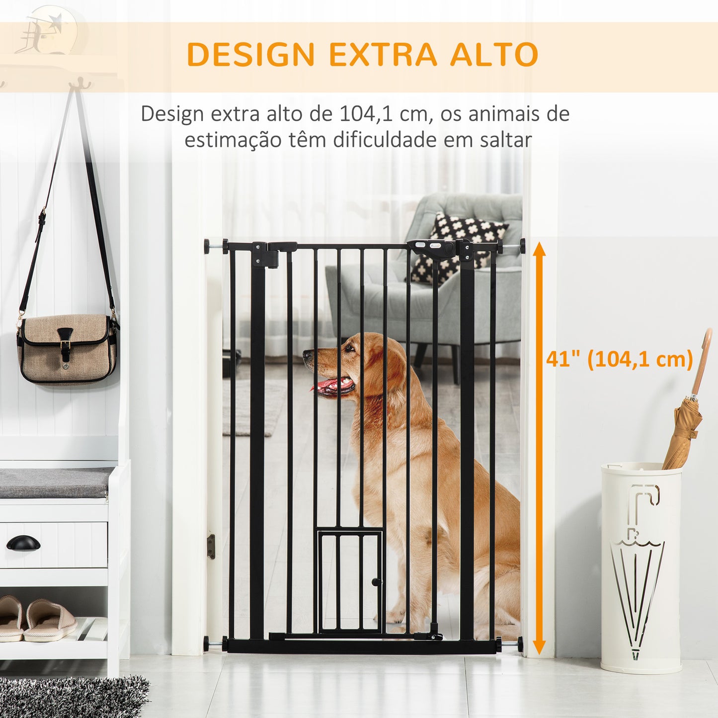 PawHut Barreira de Segurança para Cães com Porta Pequena Barreira para Animais de Estimação Extensível com Fechamento Automático e Sistema Duplo de Bloqueio 74-101x104,1 cm Preto