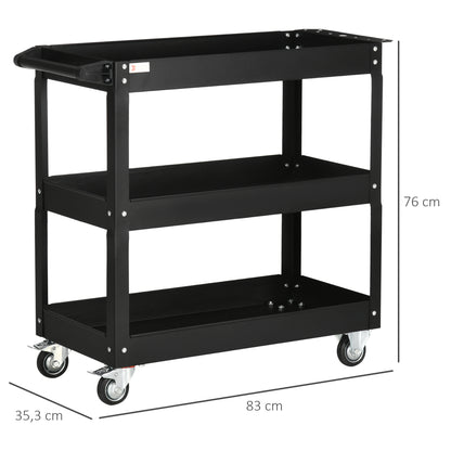 DURHAND Carrinho de Ferramentas com Rodas Carro de Ferramentas de Oficina de Aço com 3 Prateleiras de Armazenamento e Alça Lateral para Garagem Oficina Carga Máxima 150kg 78,8x35,3x72cm Preto