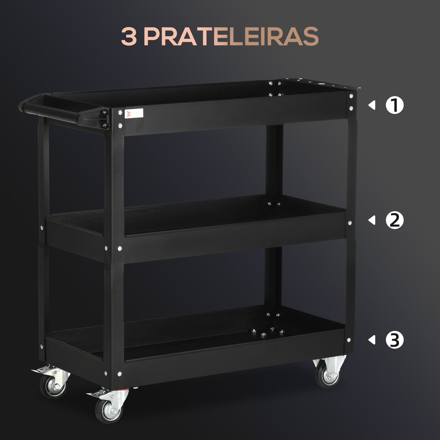 DURHAND Carrinho de Ferramentas com Rodas Carro de Ferramentas de Oficina de Aço com 3 Prateleiras de Armazenamento e Alça Lateral para Garagem Oficina Carga Máxima 150kg 78,8x35,3x72cm Preto