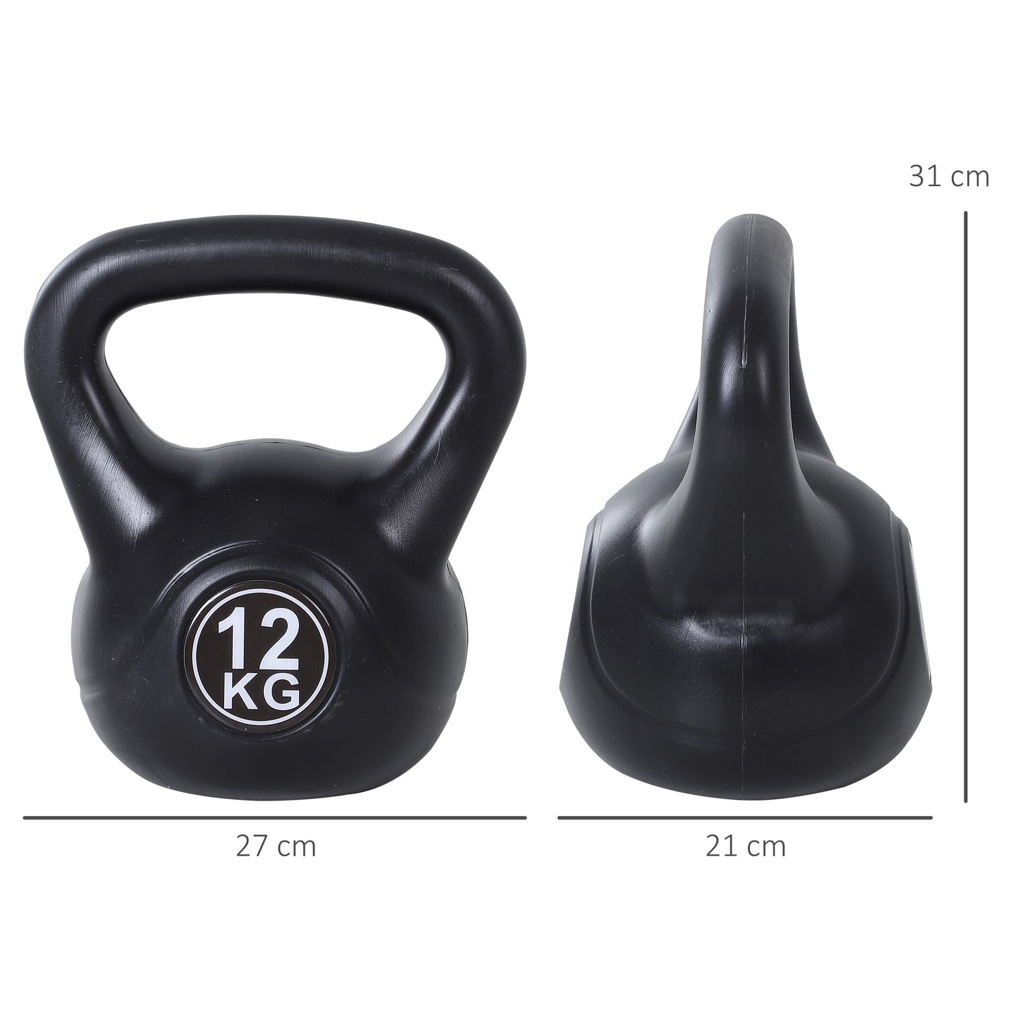 HOMCOM Peso Russo de 12 kg Kettlebell Preenchido de Areia com Punho Largo e Antiderrapante para Trenos em Casa e Ginásio 27x21x31 cm Preto