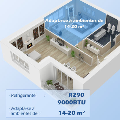 HOMCOM Ar Condicionado Portátil 9000BTU 1010W Refrigerador Ventoinha Desumidificador com Ecrã LED Controlo Remoto Temporizador para Ambientes de 20 m² 35,3x35x72,5 cm Branco