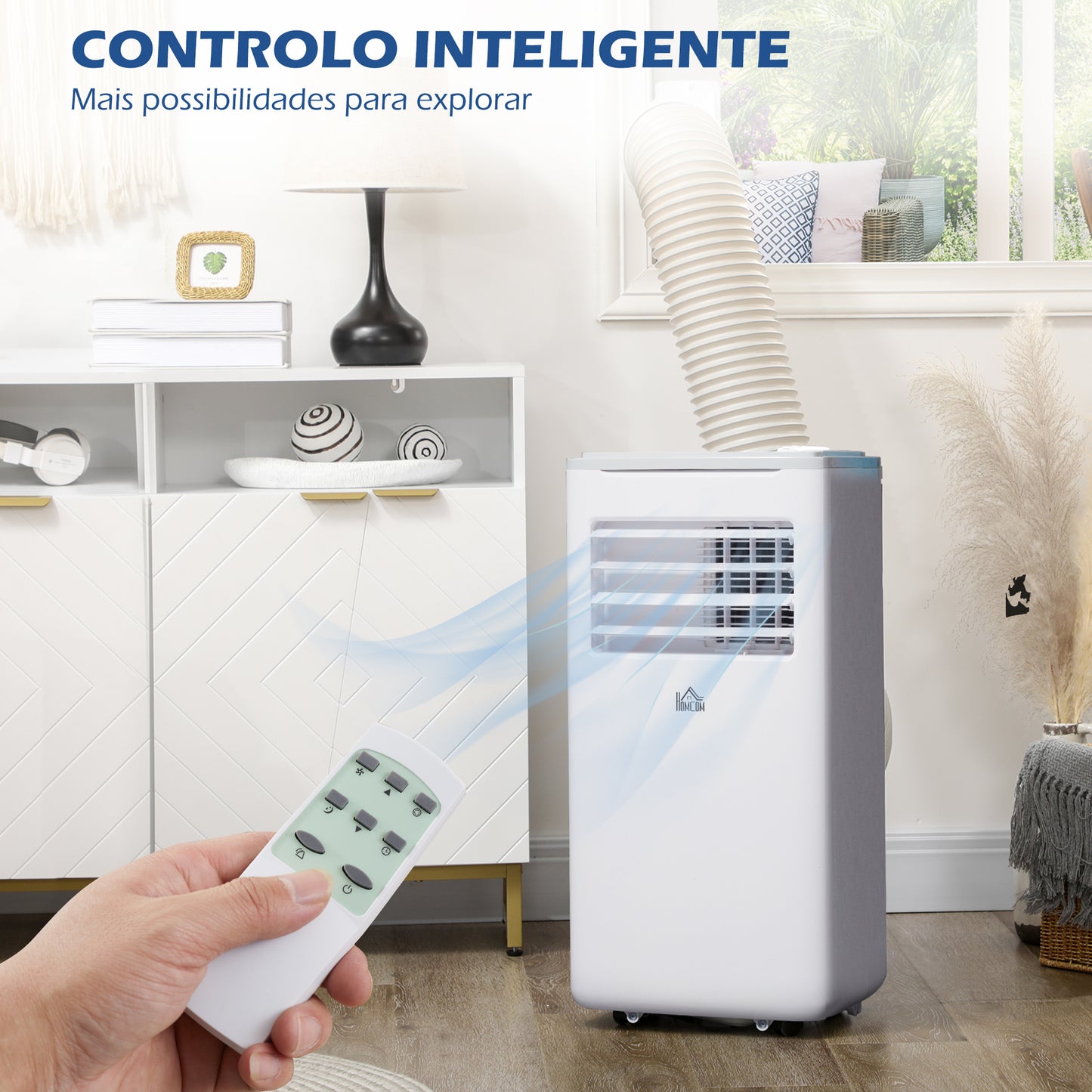 HOMCOM Ar Condicionado Portátil 9000BTU 1010W Refrigerador Ventoinha Desumidificador com Ecrã LED Controlo Remoto Temporizador para Ambientes de 20 m² 35,3x35x72,5 cm Branco