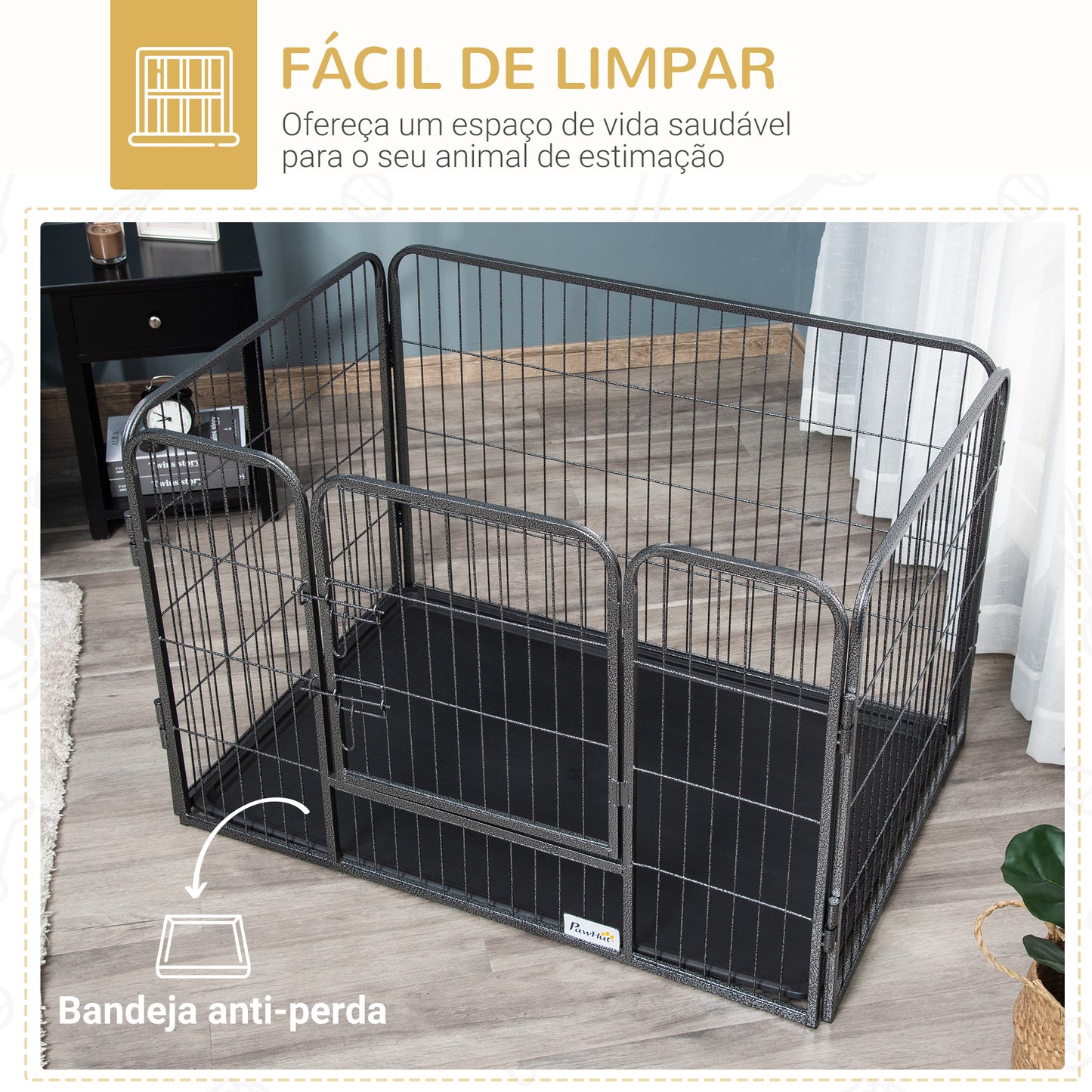 PawHut Barreira de Segurança para Animais de Estimação Parque de Diversão para Animais com 4 Painéis de Aço 109x74x71cm com Porta de Trava Dupla e Bandeja Removível para Exterior Interior Cinza