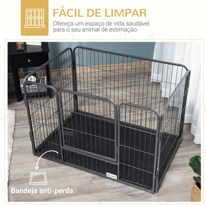 PawHut Barreira de Segurança para Animais de Estimação Parque de Diversão para Animais com 4 Painéis de Aço 109x74x71cm com Porta de Trava Dupla e Bandeja Removível para Exterior Interior Cinza