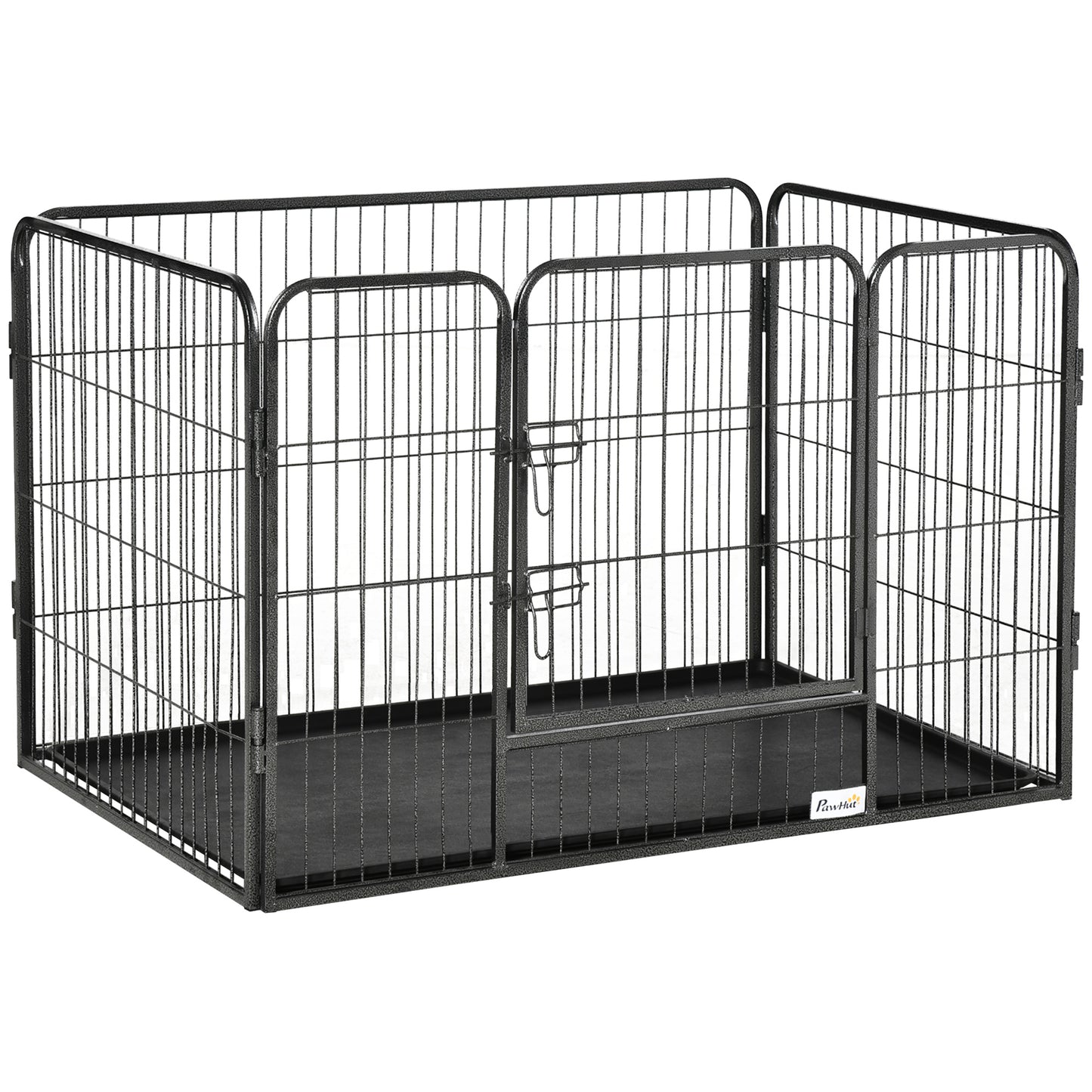 PawHut Barreira de Segurança para Animais de Estimação Parque de Diversão para Animais com 4 Painéis de Aço 109x74x71cm com Porta de Trava Dupla e Bandeja Removível para Exterior Interior Cinza