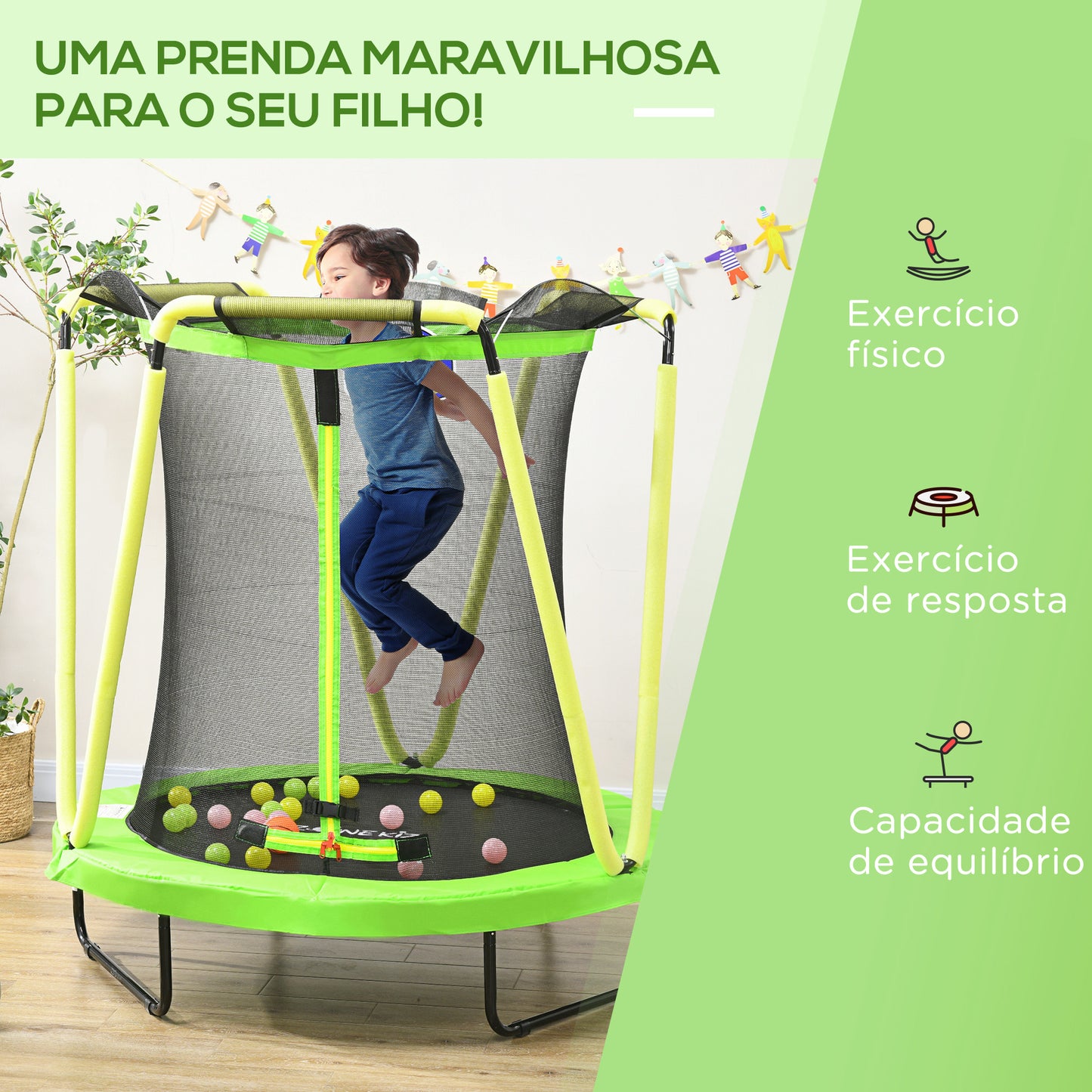 ZONEKIZ Trampolim Infantil Ø140x155 cm Trampolim para Crianças de 3-10 Anos com Rede de Segurança Cesta de Basquetebol e 20 Bolas de Plástico para Interior Verde